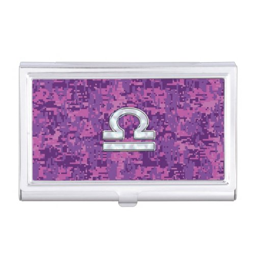 Libra Zodiac Symbol Fuchsia Pink Digital Camo Business Card Holder