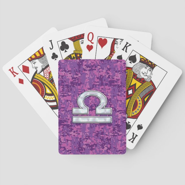Libra Zodiac Symbol Fuchsia Pink Digital Camo Poker Cards (Back)