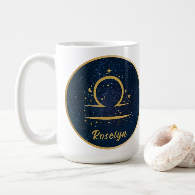 Libra zodiac symbol gold stars sky personalized  coffee mug (With Donut)