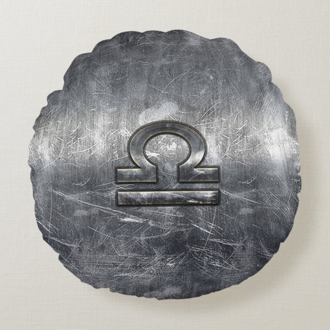 Libra Zodiac Symbol in silver grunge steel style Round Pillow (Front)