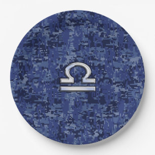 Libra Zodiac Symbol on Blue Digital Camo Paper Plates