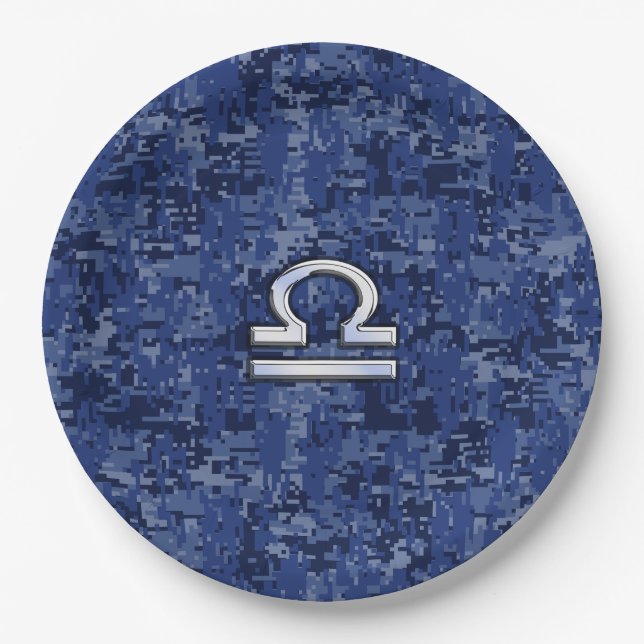 Libra Zodiac Symbol on Blue Digital Camo Paper Plates (Front)