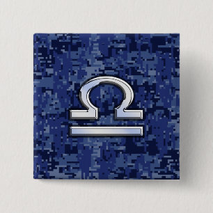 Libra Zodiac Symbol on Blue Digital Camouflage Pinback Button