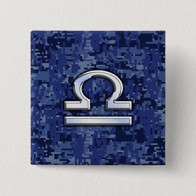 Libra Zodiac Symbol on Blue Digital Camouflage Pinback Button (Front)