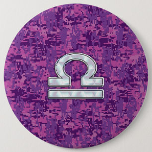 Libra Zodiac Symbol on Fuchsia Digital Camo Button