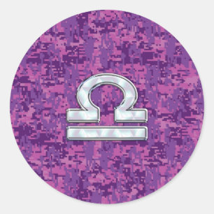 Libra Zodiac Symbol on Fuchsia Digital Camo Classic Round Sticker