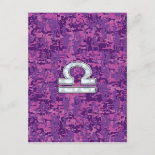 Libra Zodiac Symbol on Fuchsia Digital Camo Postcard