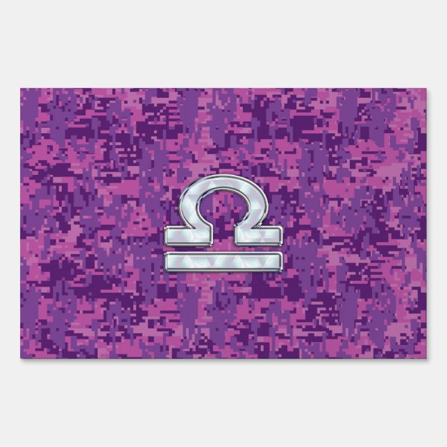 Libra Zodiac Symbol on Fuchsia Digital Camo Yard Sign (Front)