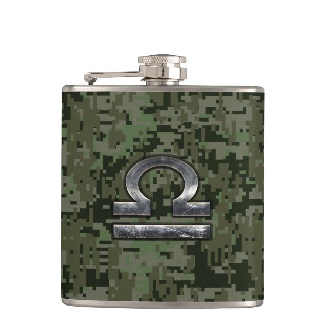 Libra Zodiac Symbol on Green Digital Camouflage Flask (Front)