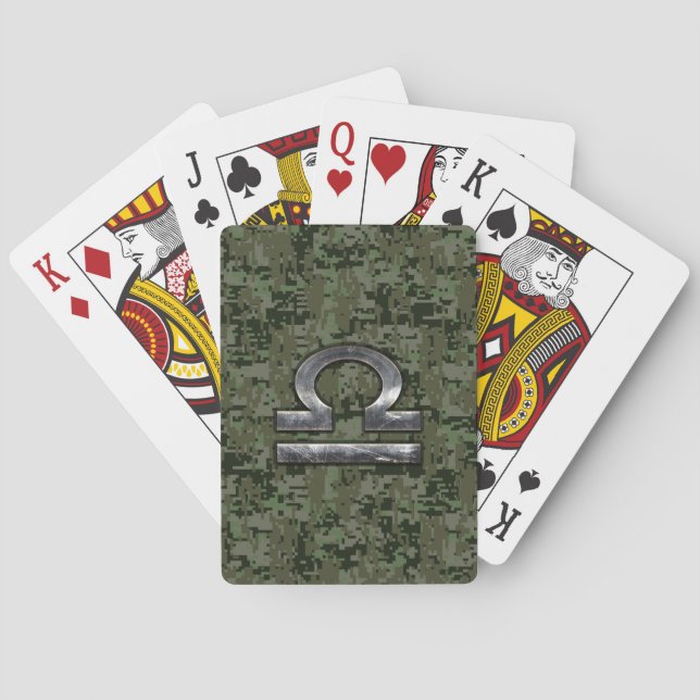 Libra Zodiac Symbol on Green Digital Camouflage Poker Cards (Back)