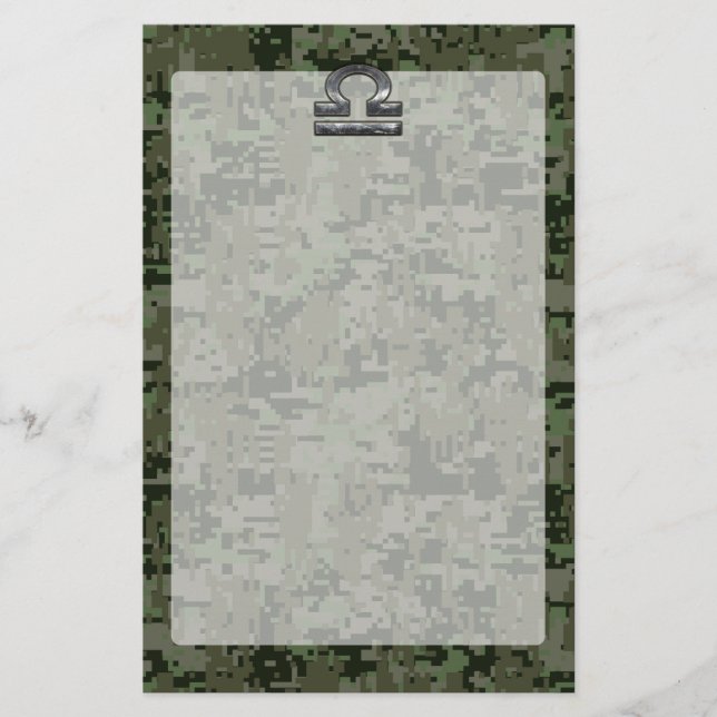 Libra Zodiac Symbol on Green Digital Camouflage Stationery (Front)