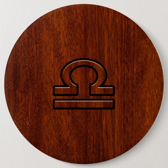 Libra Zodiac Symbol on mahogany style print Pinback Button (Front)