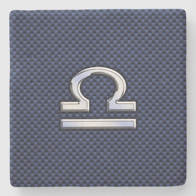 Libra Zodiac Symbol on Navy Blue Carbon Fiber Stone Coaster (Front)