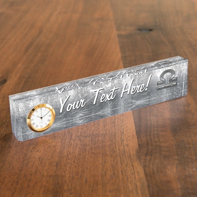 Libra Zodiac Symbol Silver Steel Style Desk Name Plate (Side)