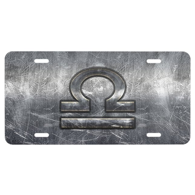 Libra Zodiac Symbol Silver Steel Style License Plate (Front)