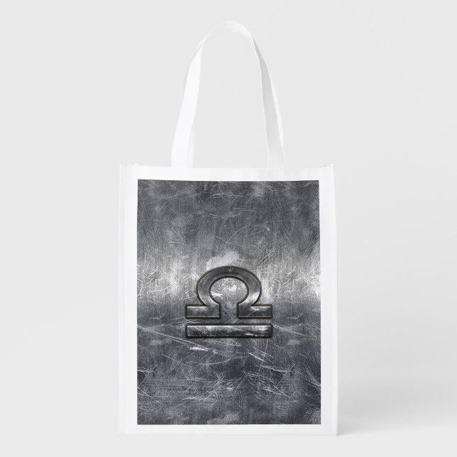 Libra Zodiac Symbol Silver Steel Style Reusable Grocery Bag (Front)