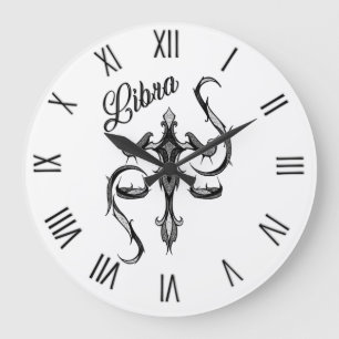 Libra Zodiac Symbol with Black Roman Numerals Large Clock