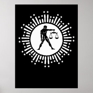 Libra Zodiac Symbol with Stars Black and White  Poster