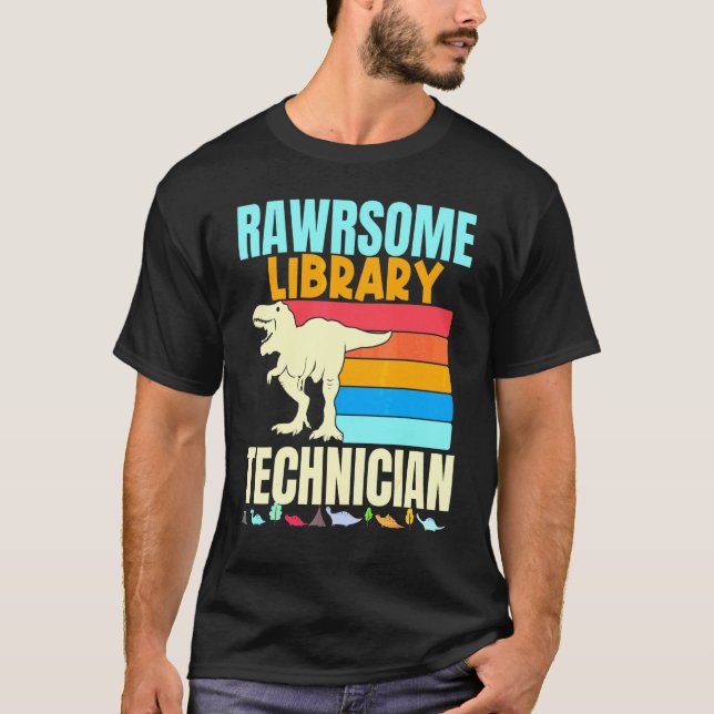Librarian Awesome Library Technician Dinosaur Book T-Shirt (Front)