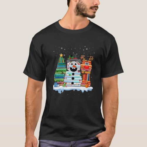 Librarian Book Lover Christmas Book Stack Reindeer T_Shirt