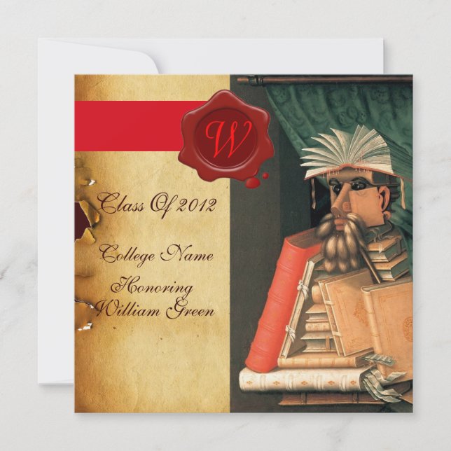 LIBRARIAN GRADUATION PARCHMENT WAX SEAL MONOGRAM INVITATION (Front)
