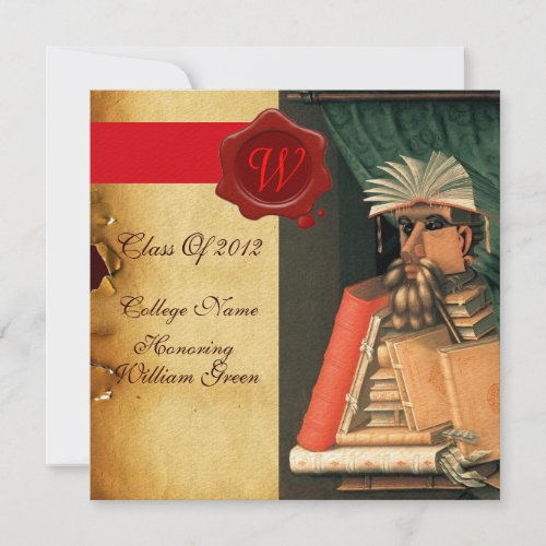 LIBRARIAN GRADUATION PARCHMENT WAX SEAL MONOGRAM INVITATION