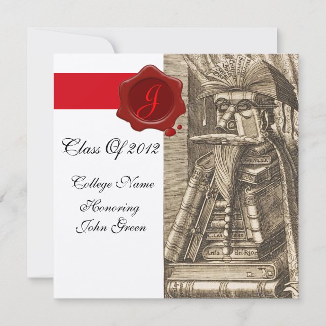 LIBRARIAN GRADUATION PARCHMENT WAX SEAL MONOGRAM INVITATION (Front)