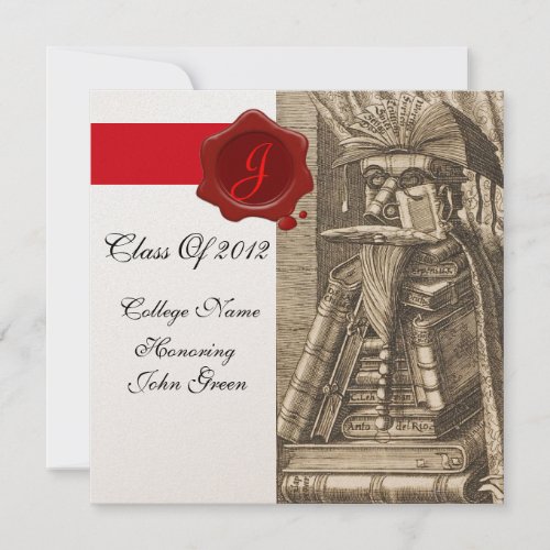 LIBRARIAN GRADUATION PARCHMENT WAX SEAL MONOGRAM INVITATION