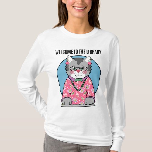 Librarian Grey Cat in Pink T_Shirt