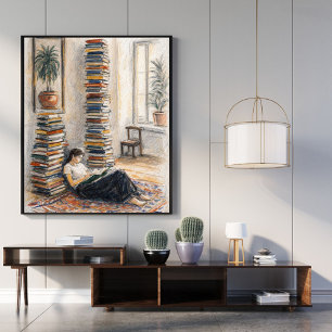 Library art book stack reader gift poster