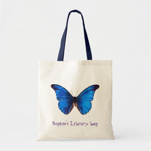 Library bag with kids name blue butterfly
