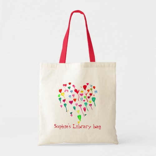 Library bag with kids name cute hearts art