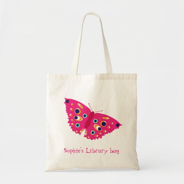Library bag with kid's name pink butterfly (Front)