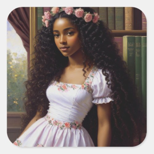 Library Black Girl Floral Academia Art Square Sticker