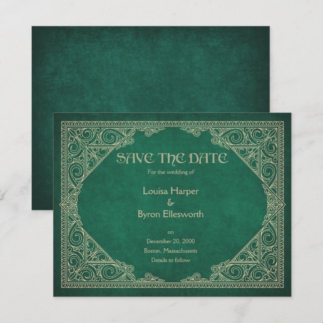Library Book Green Geek Literary Wedding Save The Date (Front/Back)
