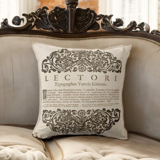 Library Book Lover Antique Latin Typography Throw Pillow (Approximation of the 20 inch pillow size.)