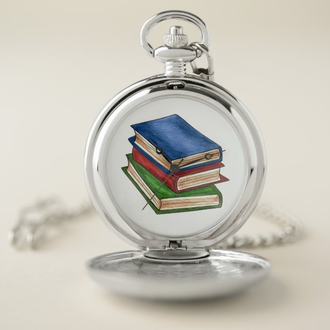 Library Book Stack School Teacher Reading Read Pocket Watch (Inside)