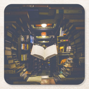 Library Books Shelves Open Book Read Square Paper Coaster