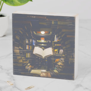 Library Books Shelves Open Book Read Wooden Box Sign