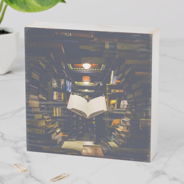 Library Books Shelves Open Book Read Wooden Box Sign (In Situ Horizontal)