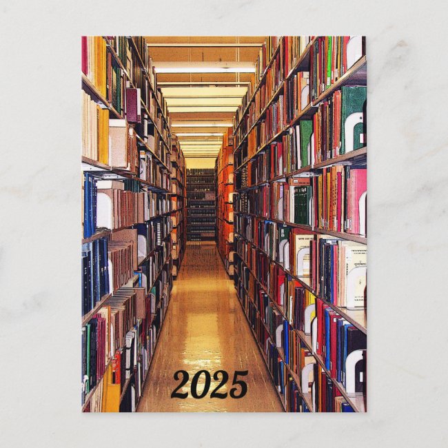 Library Books with 2025 Calendar on Back Postcard