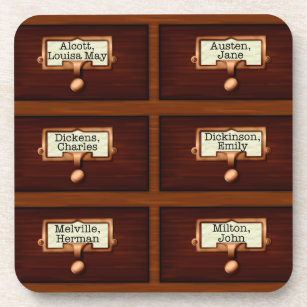 Library Books Wood Card Catalog Drawers Reading Coaster