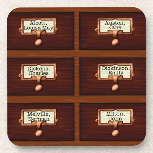 Library Books Wood Card Catalog Drawers Reading Coaster