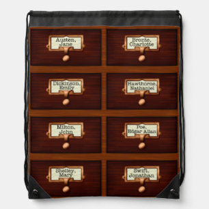 Library Books Wood Card Catalog Drawers Reading Drawstring Bag