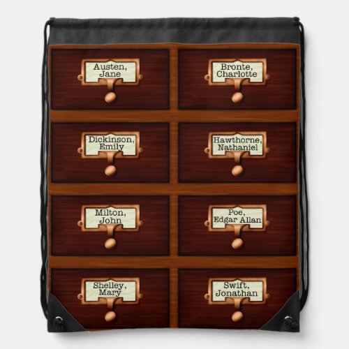 Library Books Wood Card Catalog Drawers Reading Drawstring Bag