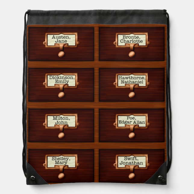 Library Books Wood Card Catalog Drawers Reading Drawstring Bag (Front)