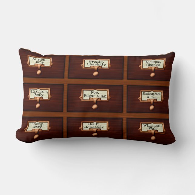 Library Books Wood Card Catalog Drawers Reading Lumbar Pillow (Front)