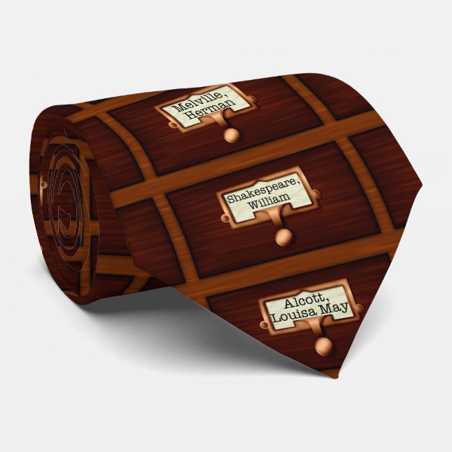 Library Books Wood Card Catalog Drawers Reading Neck Tie (Rolled)