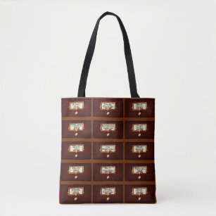 Library Books Wood Card Catalog Drawers Reading Tote Bag