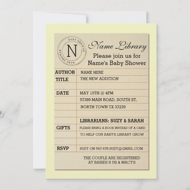 Library Card Baby Shower Yellow Invite Invitation (Front)